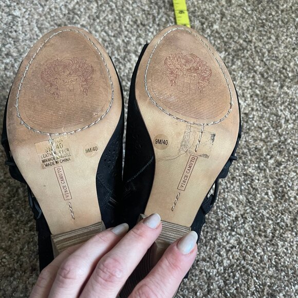 Vince Camuto Elison Nubuck Leather Peep Toe Heeled Sandal Bootie, Size 9M, Black - Picture 9 of 9